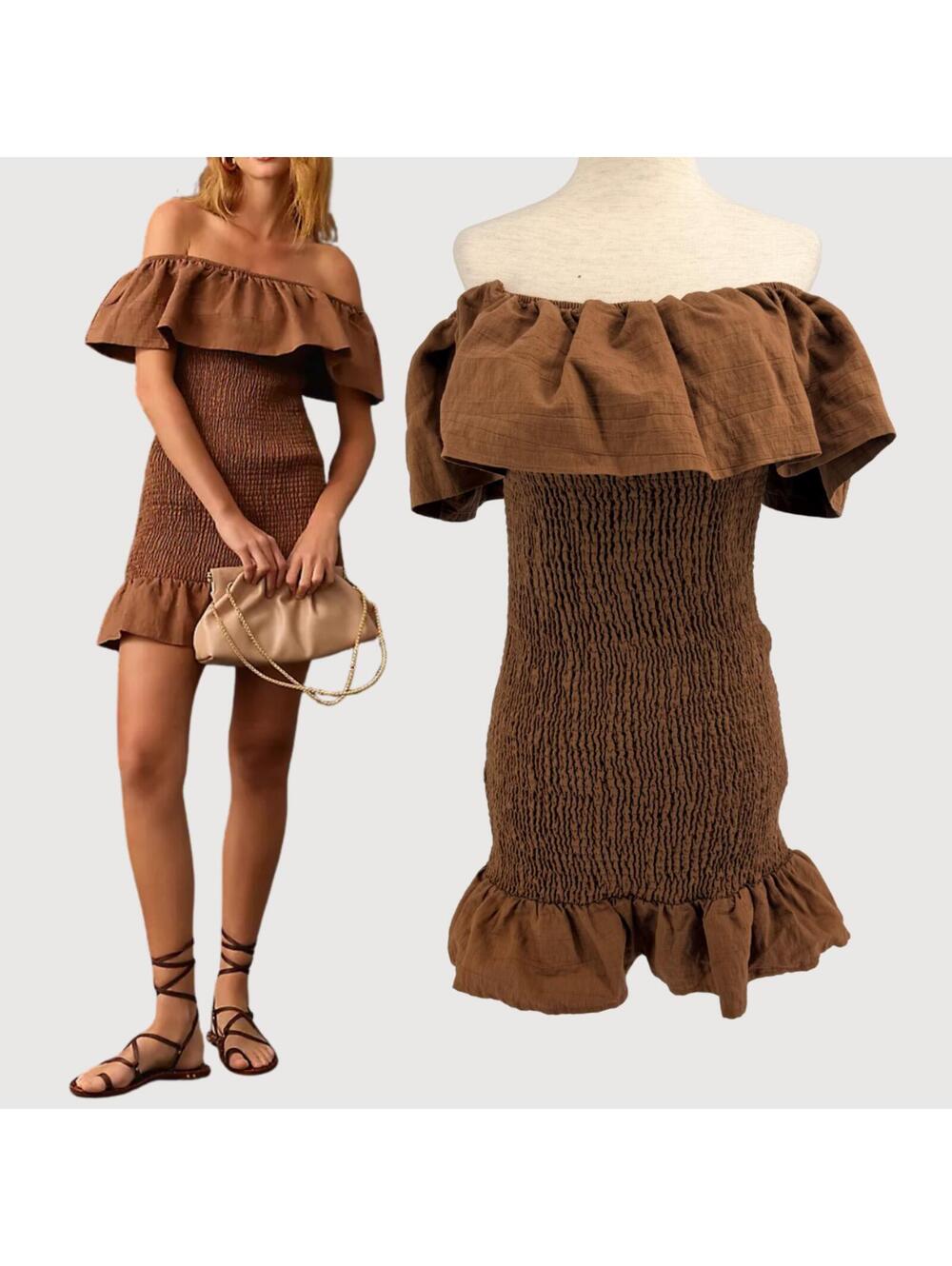 Anthropologie Smocked Mini Dress Brown M